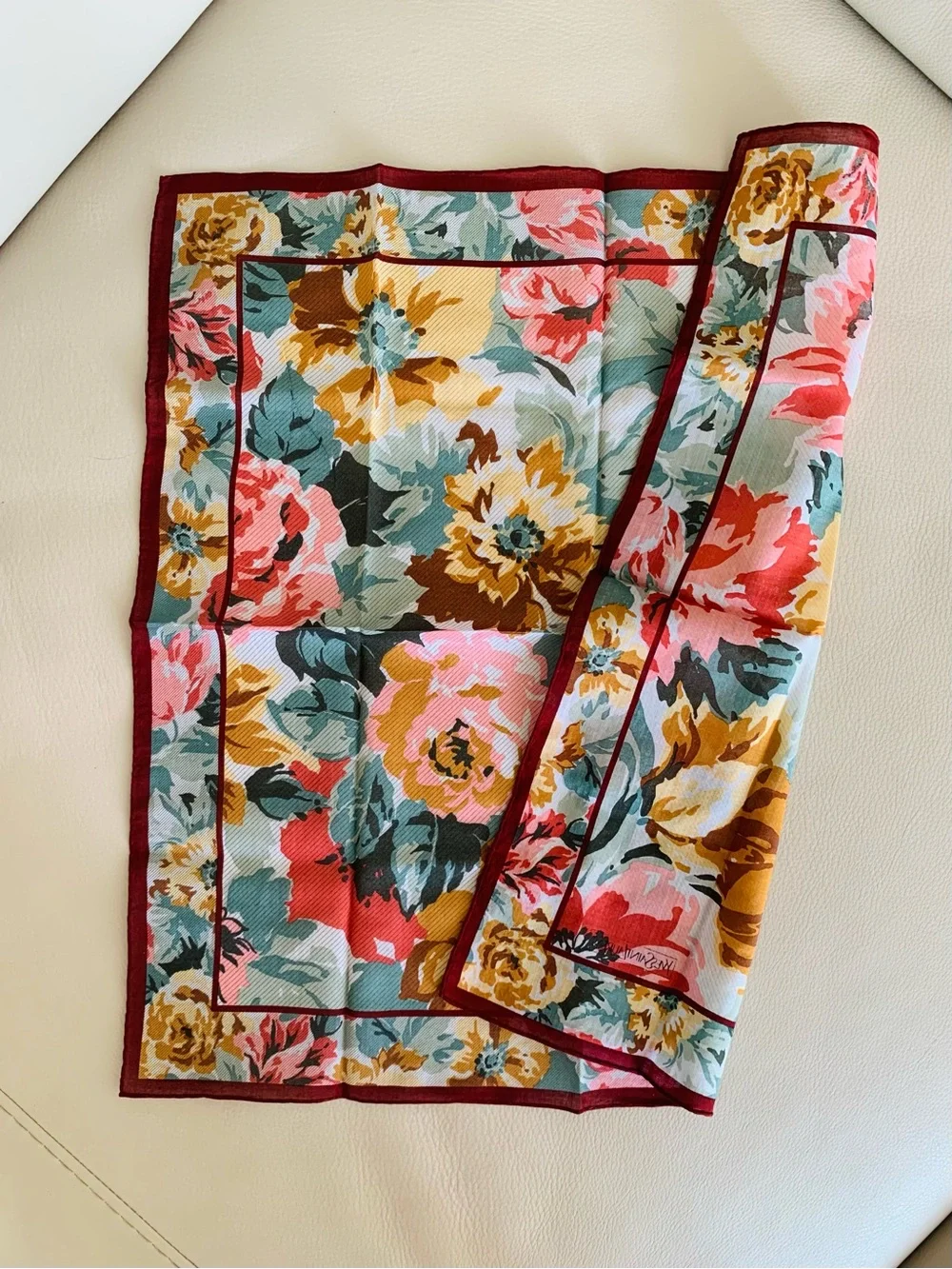 Yves Saint Laurent YSL Vintage Floral Handkerchief 18” Burgundy Pink White Japan